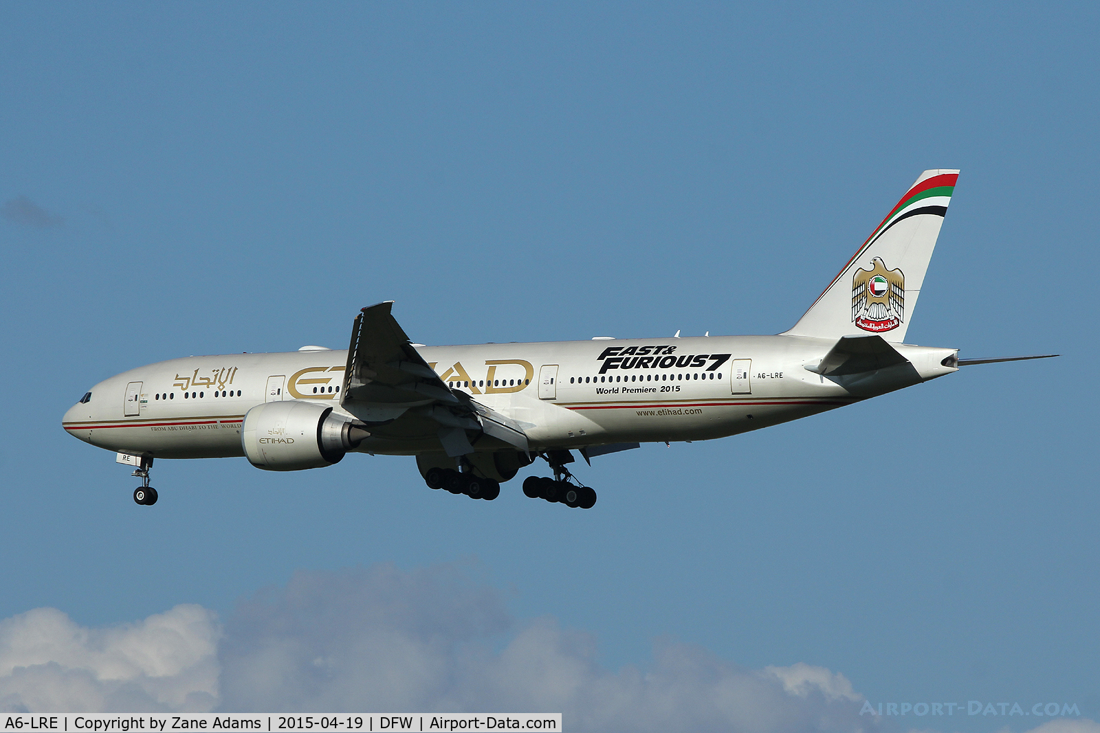A6-LRE, 2008 Boeing 777-237/LR C/N 36304, Etihad Fast and Furious special livery - Landing at DFW Airport