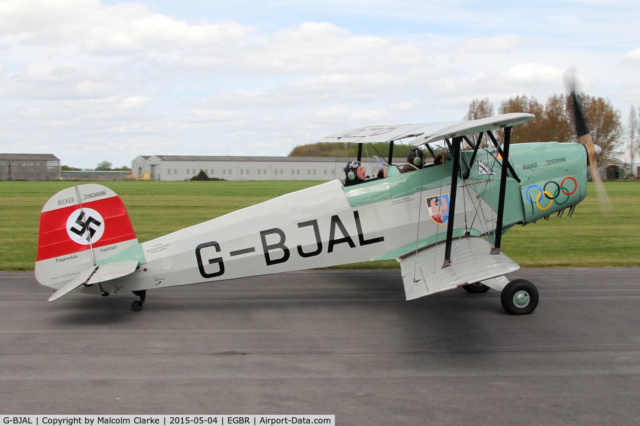 G-BJAL, 1957 Bucker 1-131E Jungmann C/N 1028, CASA 1-131E Jungmann at The Real Aeroplane Club's Auster Fly-In, Breighton Airfield, May 4th 2015.