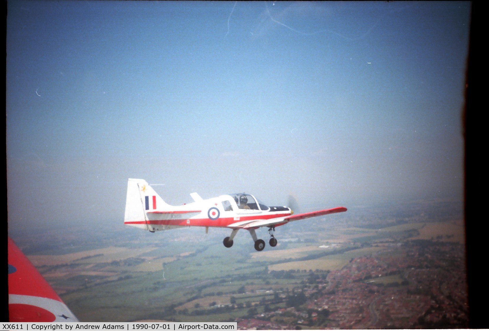 XX611, 1974 Scottish Aviation Bulldog T.1 C/N BH120/259, On a flight from Glasgow to Cornwall during the summer of 1990.  This was one of 4 bulldog we had during my time at UGSAS.  XX 611 had the yellow 'Dove Kebab' on the tail.
