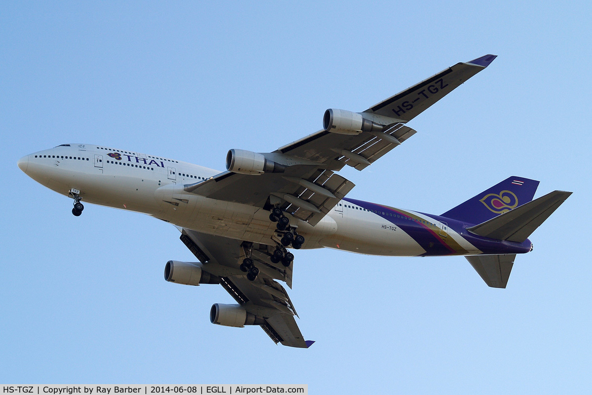 HS-TGZ, 1999 Boeing 747-4D7 C/N 28706, Boeing 747-4D7 [28706] (Thai Airways) Home~G 08/06/2014. On approach 27R.