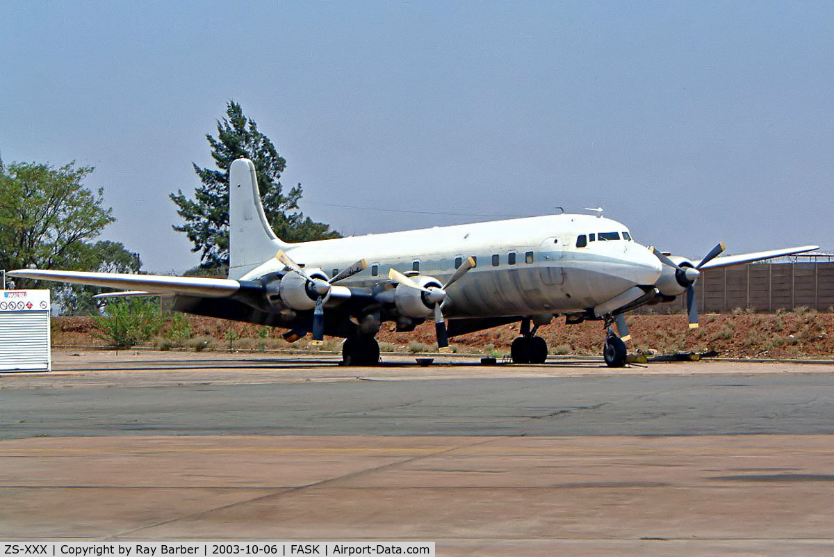 ZS-XXX, 1957 Douglas DC-6B C/N 45329, Douglas DC-6B [45329] (South African Airways Historic Flight) Swartkop~ZS 06/10/2003. Now displayed outside Drakensburg Truck Manufacturers Pretoria-Wallmannsthal~ZS