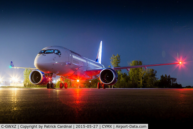 C-GWXZ, 2013 Bombardier CSeries CS100 (BD-500-1A10) C/N 50005, Getting ready for Paris, FTV5 is on the ramp during night operations at Bombardier's Mirabel facility.