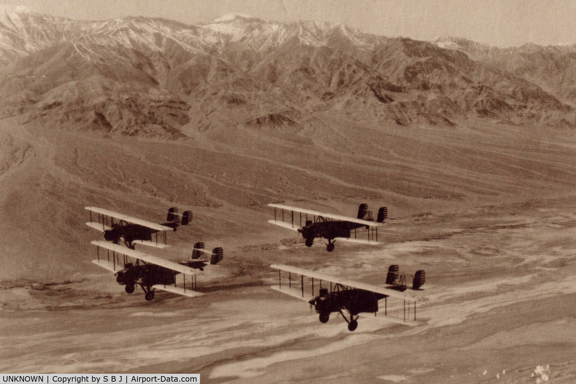 UNKNOWN, Miscellaneous Various C/N unknown, Army Air Corps Curtiss B2 Condors flying in Death Valley,Calif. in an unknown year, but the B2 was made from 1929-30 and ended service with the military in 1934.Must have been a nice ride in that rear B2 from wake turbulence.