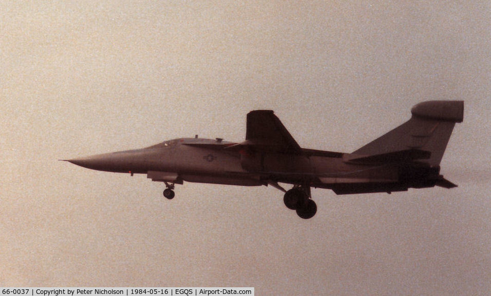 66-0037, 1966 General Dynamics EF-111A Raven C/N EF-21, EF-111A Raven of 42nd Electronic Combat Squadron/20th Tactical Fighter Wing based at RAF Upper Heyford on approach to Runway 23 at RAF Lossiemouth in May 1984.