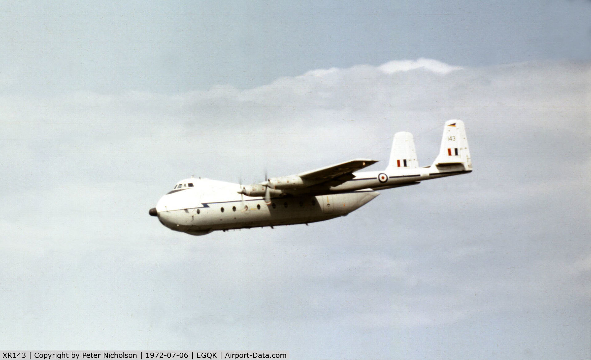 XR143, 1964 Armstrong Whitworth AW660 Argosy E.1 C/N 6798, Argosy E.1 of 115 Squadron on final approach to RAF Kinloss in the Summer of 1972.