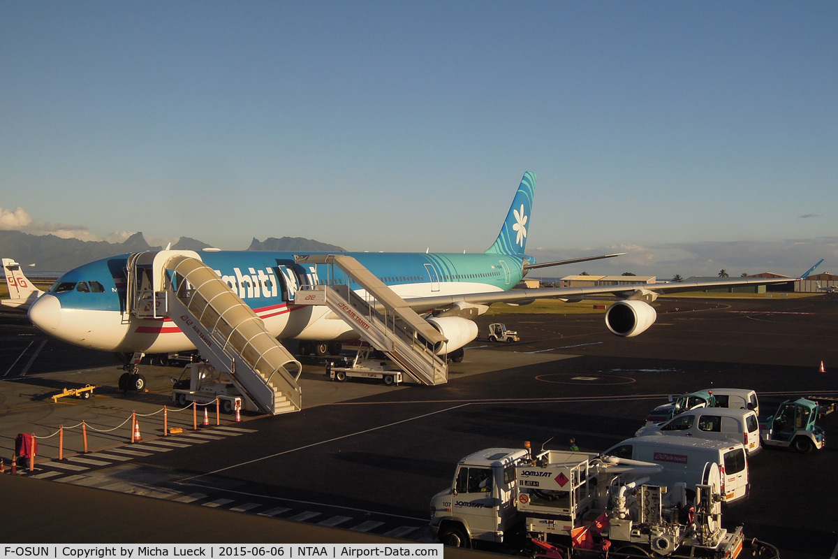 F-OSUN, 2001 Airbus A340-313 C/N 446, At Pape'ete, getting ready for the 6 hour flight to AKL