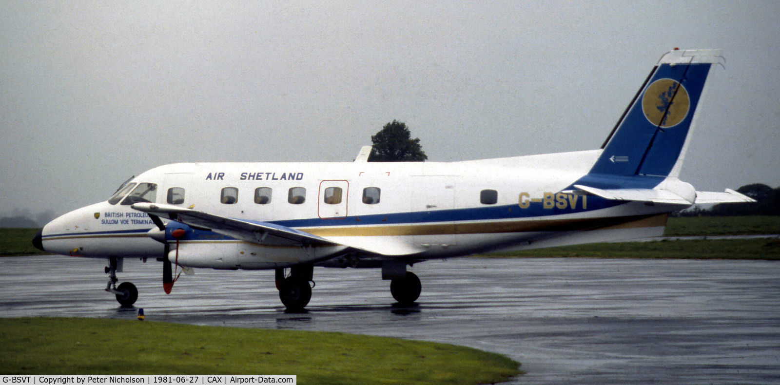 G-BSVT, 1977 Embraer EMB-110P2 Bandeirante C/N 110153, This EMB-110P2 Bandeirante of Air Shetland was seen at Carlisle in the Summer of 1981.