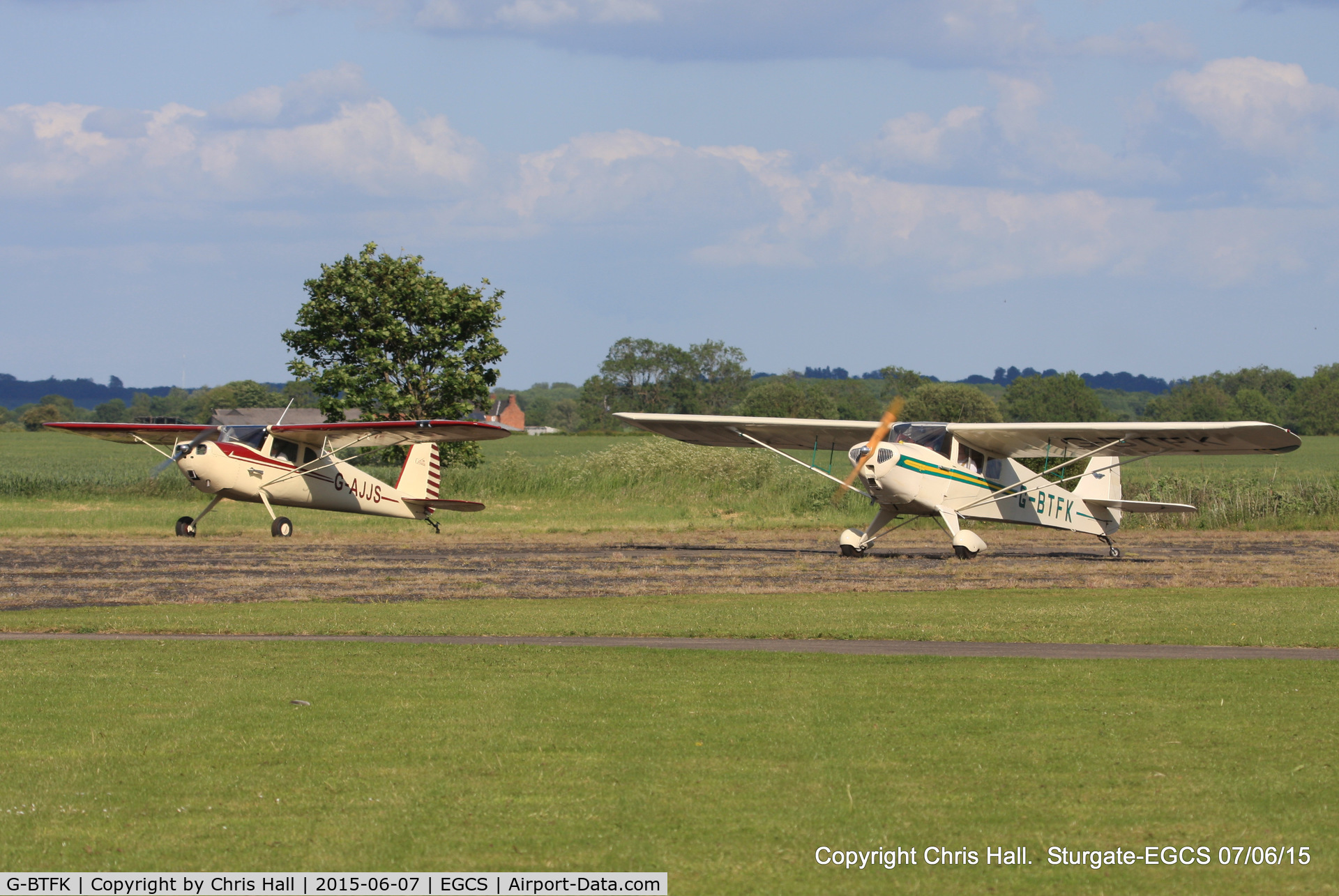 G-BTFK, 1947 Taylorcraft BC-12D Twosome C/N 10540, departing for our photo shoot with G-AJJS Cessna 120