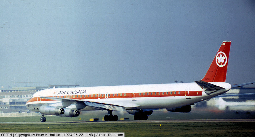 CF-TIN, 1969 Douglas DC-8-63 C/N 46036, DC-8-63 of Air Canada preparing to depart from Heathrow in the Spring of 1973.