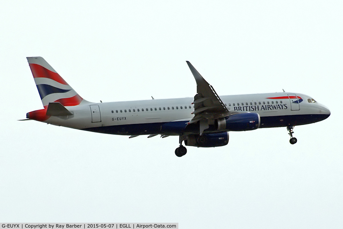 G-EUYX, 2014 Airbus A320-232 C/N 6155, Airbus A320-232(SL) [6155] (British Airways) Home~G 07/05/2015.  On approach 27L Sharklets applied during April 2015.