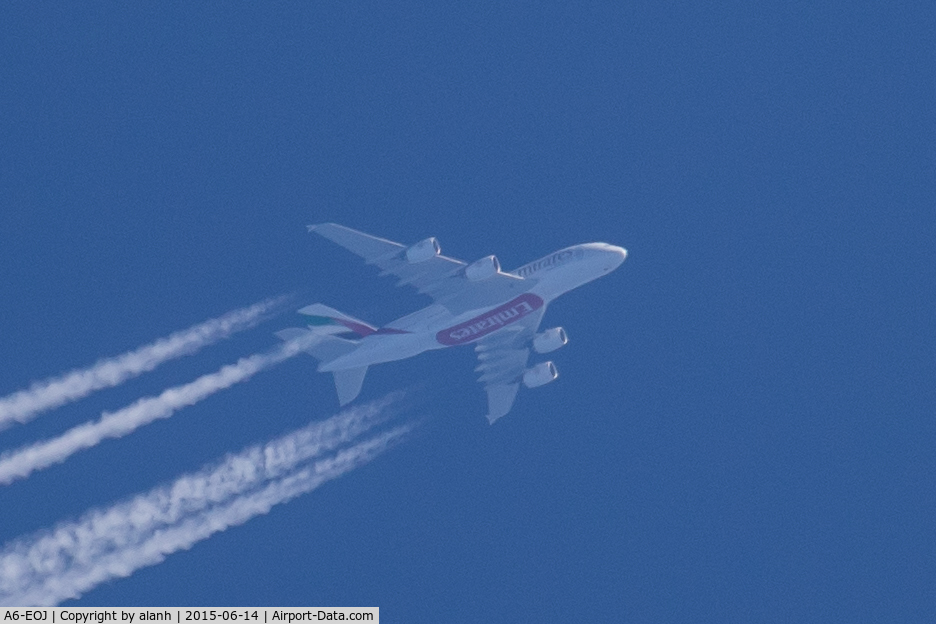 A6-EOJ, 2015 Airbus A380-861 C/N 182, Overflying Guernsey, en route Milan - New York