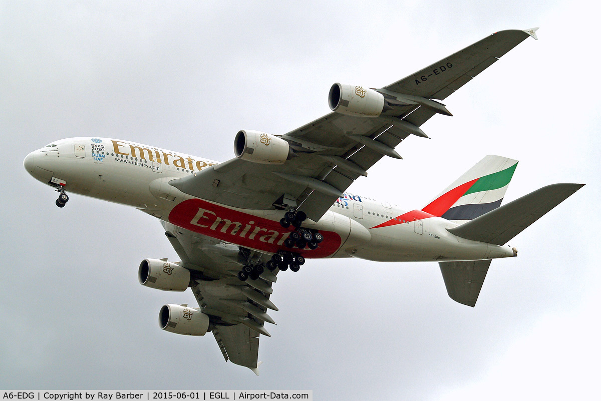 A6-EDG, 2009 Airbus A380-861 C/N 023, Airbus A380-861 [023] (Emirates Airlines) Home~G 01/06/2015 .On approach 27R now wearing 