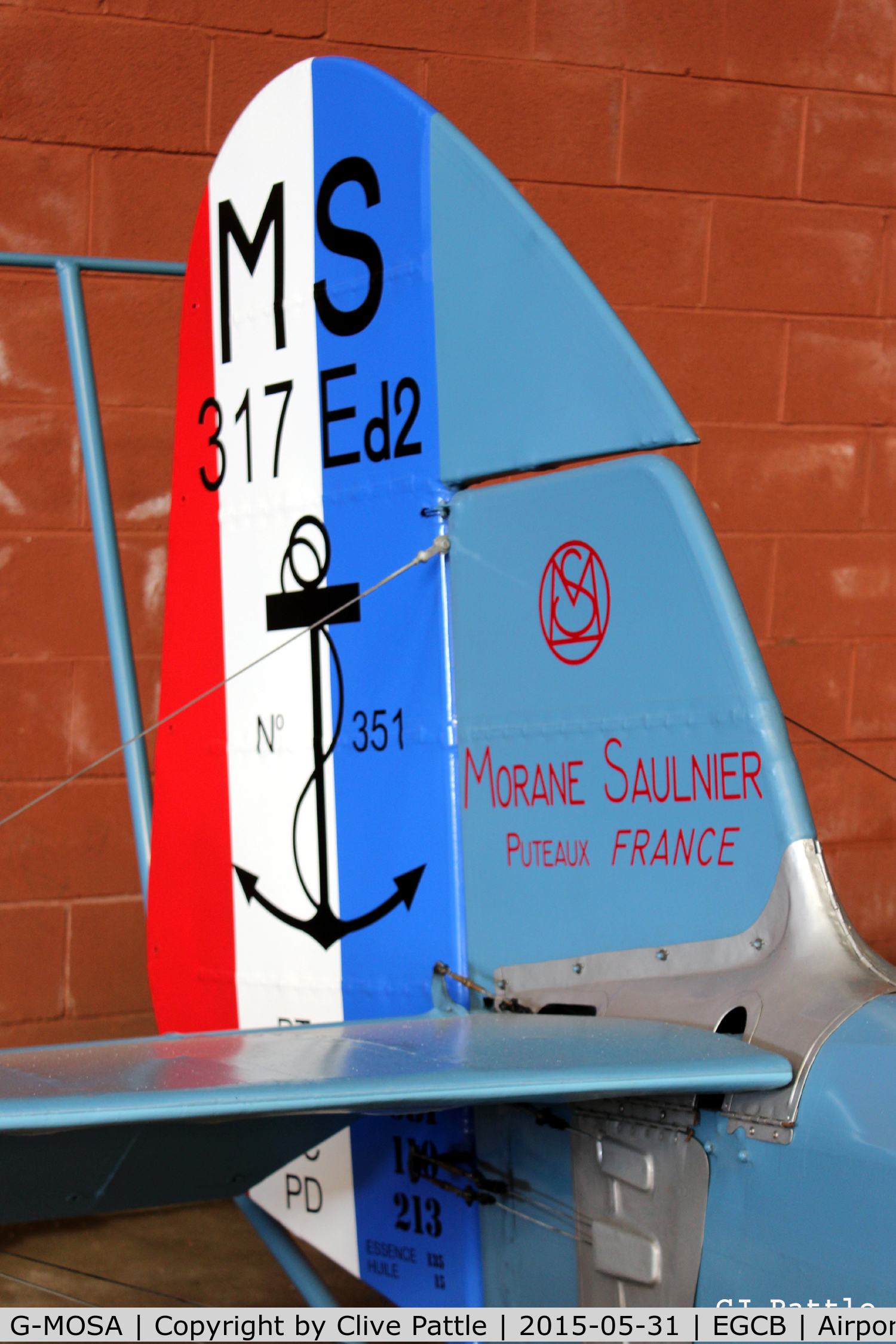 G-MOSA, 1952 Morane-Saulnier MS.317 C/N 351, Close-up of the tail details and markings, hangared at Barton EGCB, Manchester