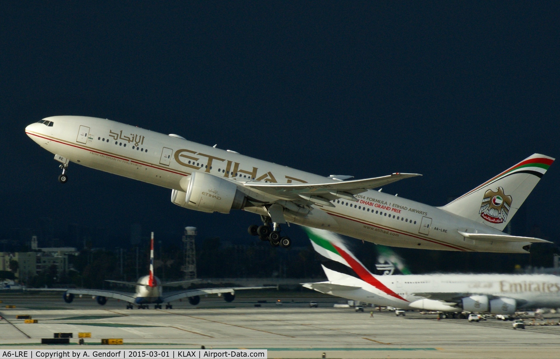 A6-LRE, 2008 Boeing 777-237/LR C/N 36304, Etihad Airways, is here departing at Los Angeles Int'l(KLAX)