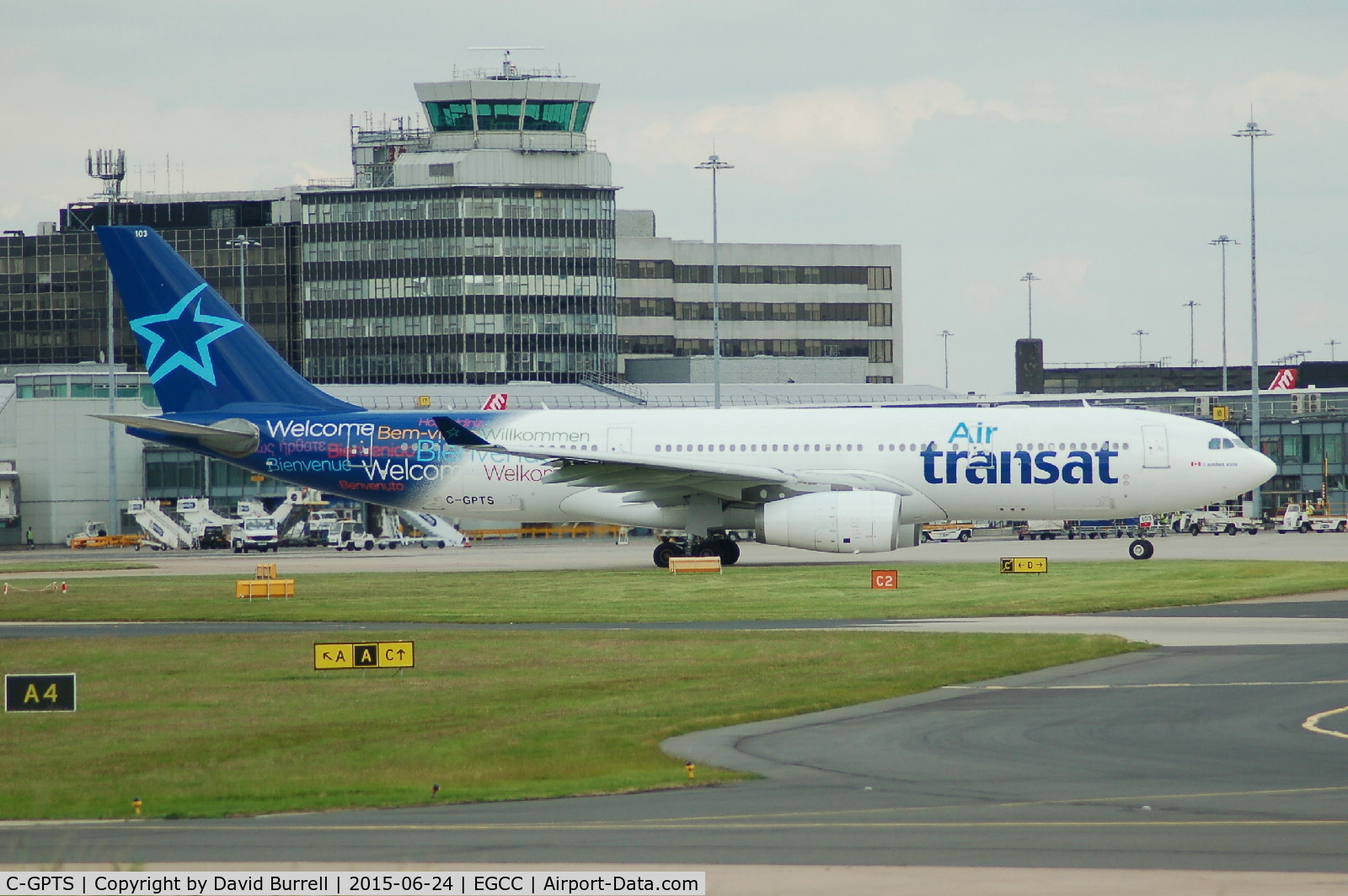 C-GPTS, 2002 Airbus A330-243 C/N 480, Air Transat Airbus A330-243 Taxiing at Manchester Airport.