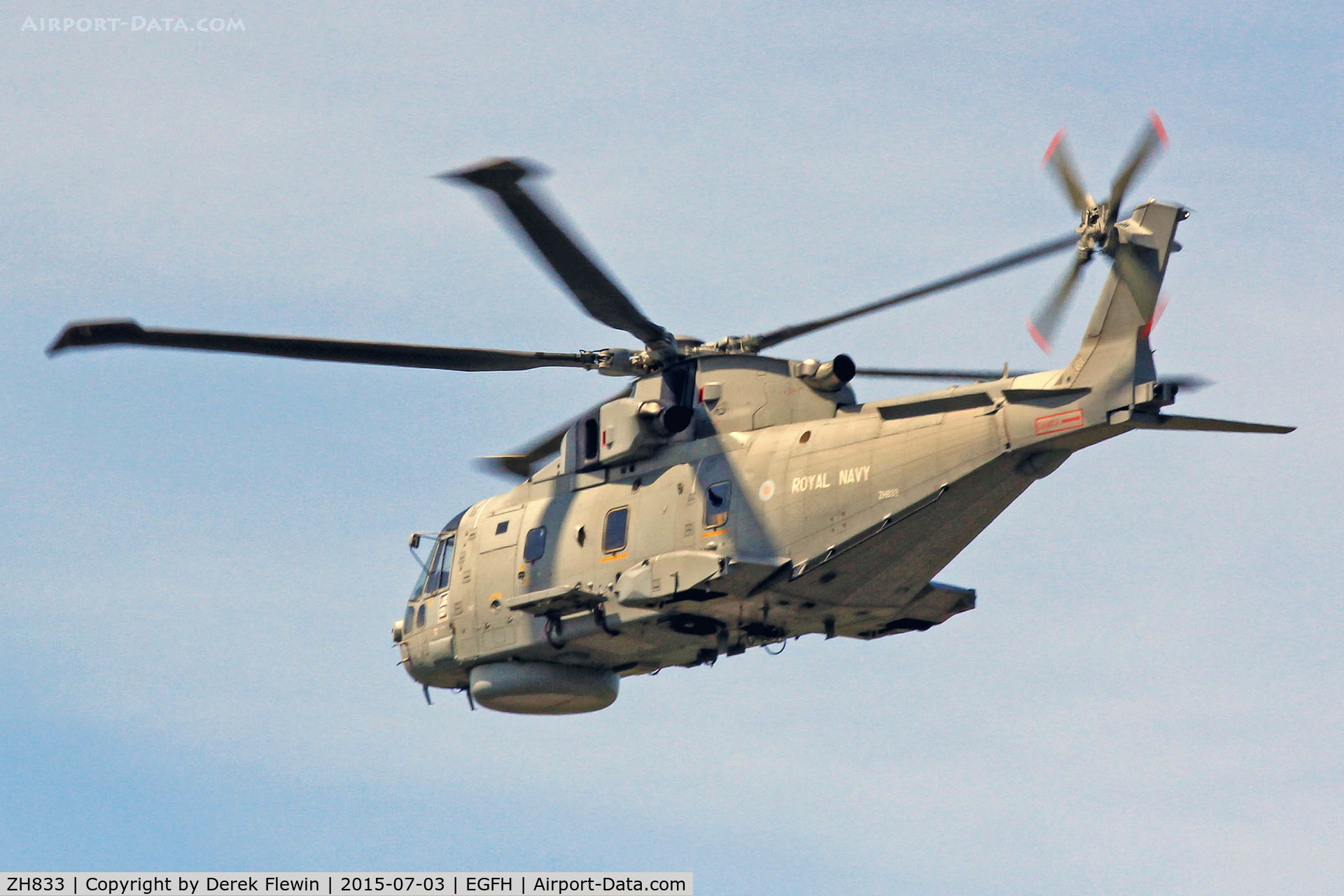 ZH833, 1999 AgustaWestland EH-101 Merlin HM2 C/N 50061/RN13, Merlin HM2, coded 10, callsign Excalubur 8, 820 NAS based at RNAS Culdrose, seen departing runway 22 after a low fly by.