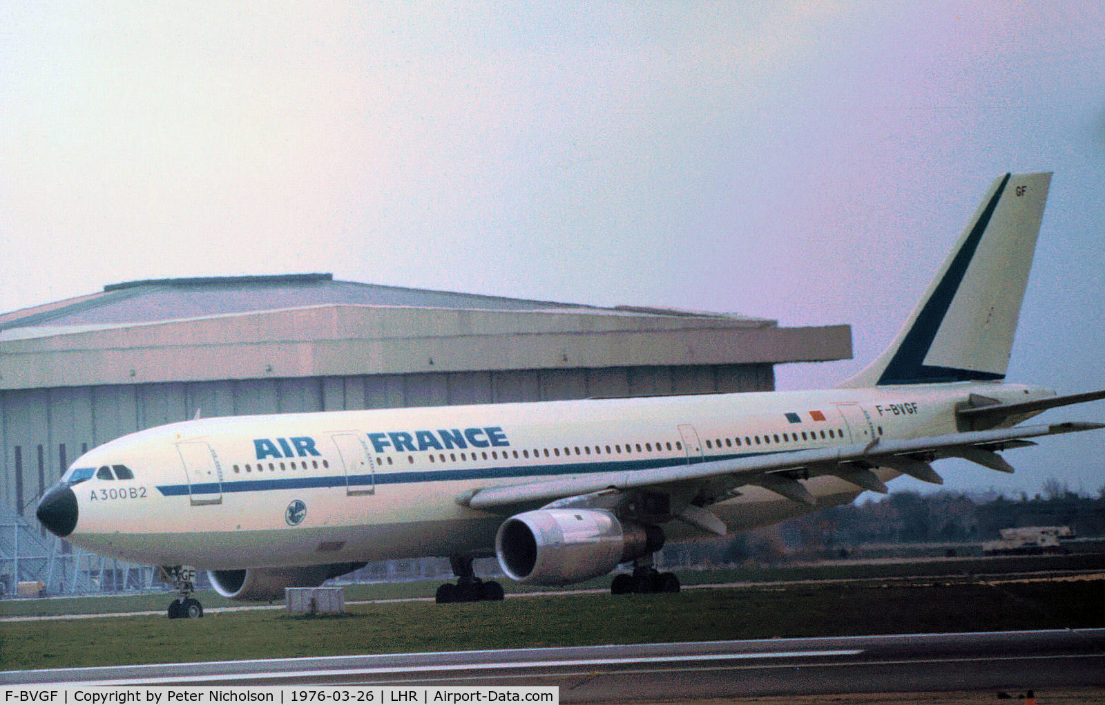 F-BVGF, 1975 Airbus A300B2-1C C/N 13, Airbus A300B2-1C of Air France as seen at Heathrow in the Spring of 1976.