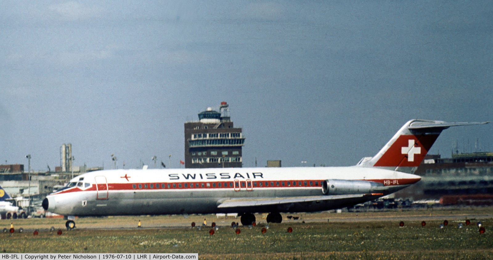 HB-IFL, 1968 Douglas DC-9-32 C/N 45793, Swissair DC-9-32 preparing to depart from Heathrow in the Summer of 1976.