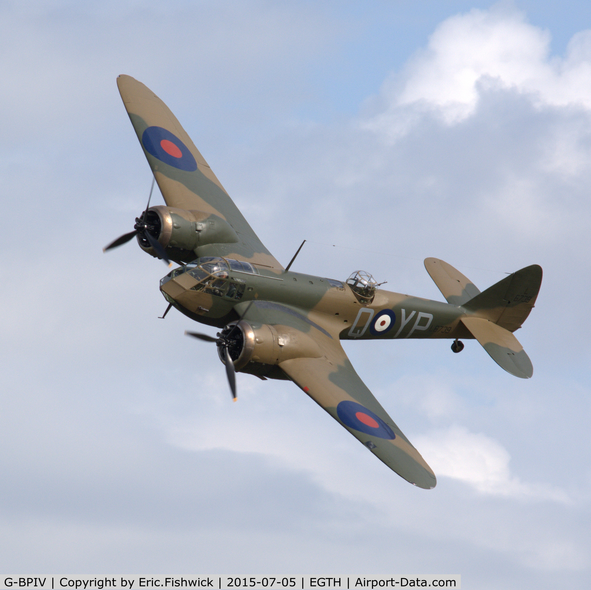 G-BPIV, 1943 Bristol 149 Bolingbroke Mk.IVT C/N 10201, 43. L6739 in display mode at the Shuttleworth Military Pagent Airshow, July 2015.