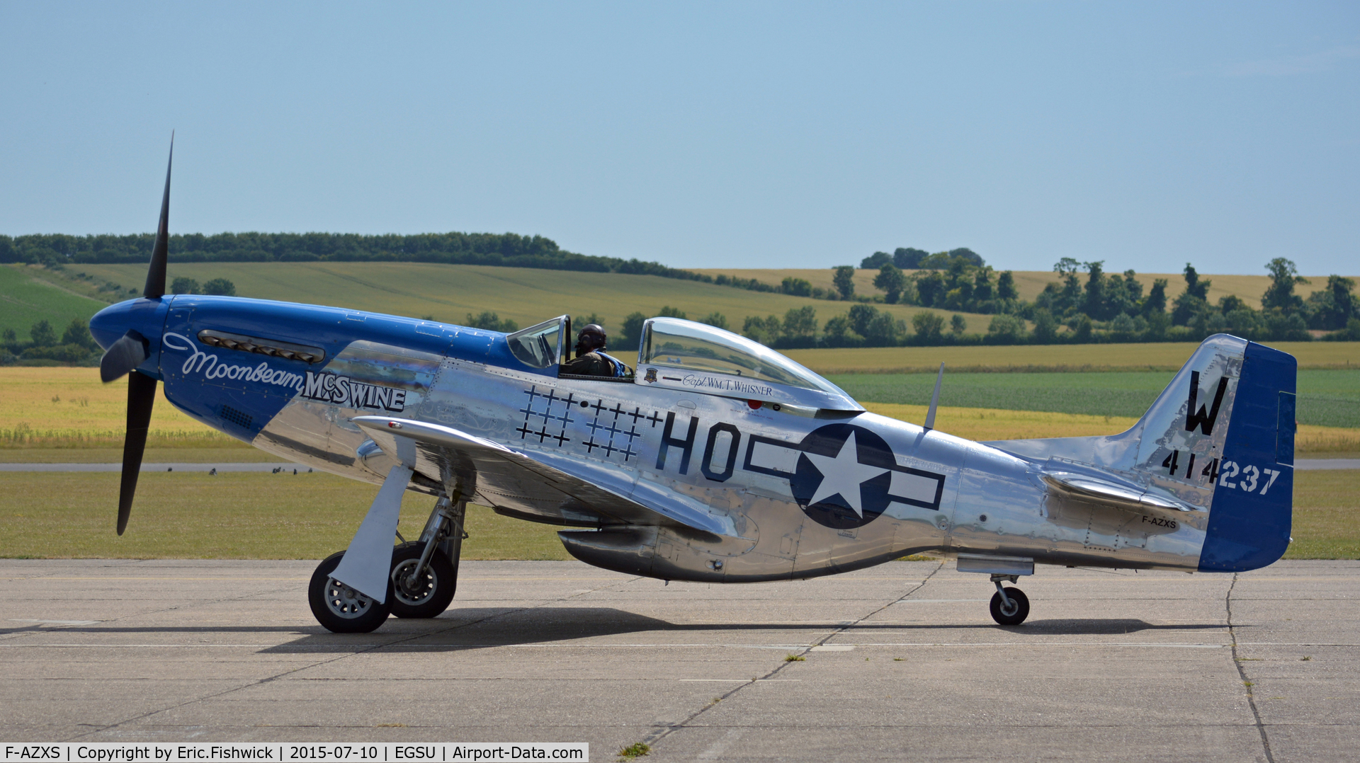 F-AZXS, 1944 North American F-51D Mustang C/N 122-40196, 1. 'Moonbeam McSwine' arriving for The Flying Legends Air Show, July 2015.