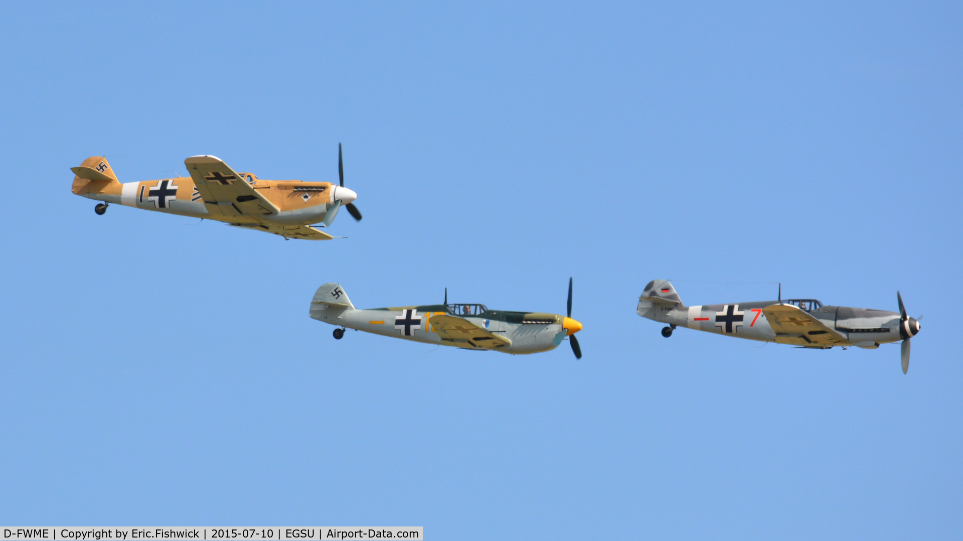 D-FWME, Messerschmitt Bf-109G-4 C/N 0139, 45. Bf-109 leading two Buchons on the eve of Flying Legends Air Show, Duxford - July 2015.
