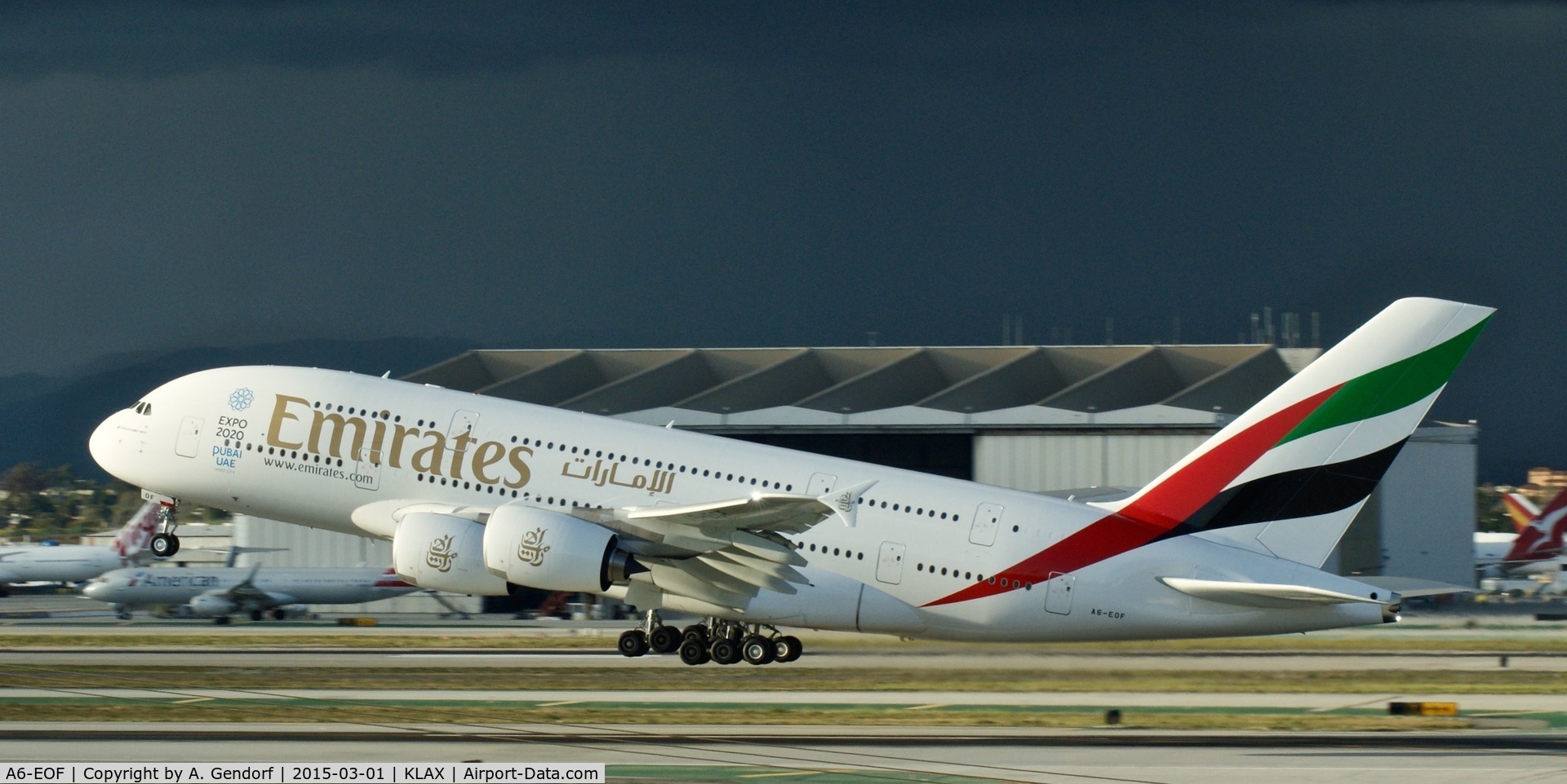 A6-EOF, 2014 Airbus A380-861 C/N 171, Emirates, is here taking off at Los Angeles Int'l(KLAX)