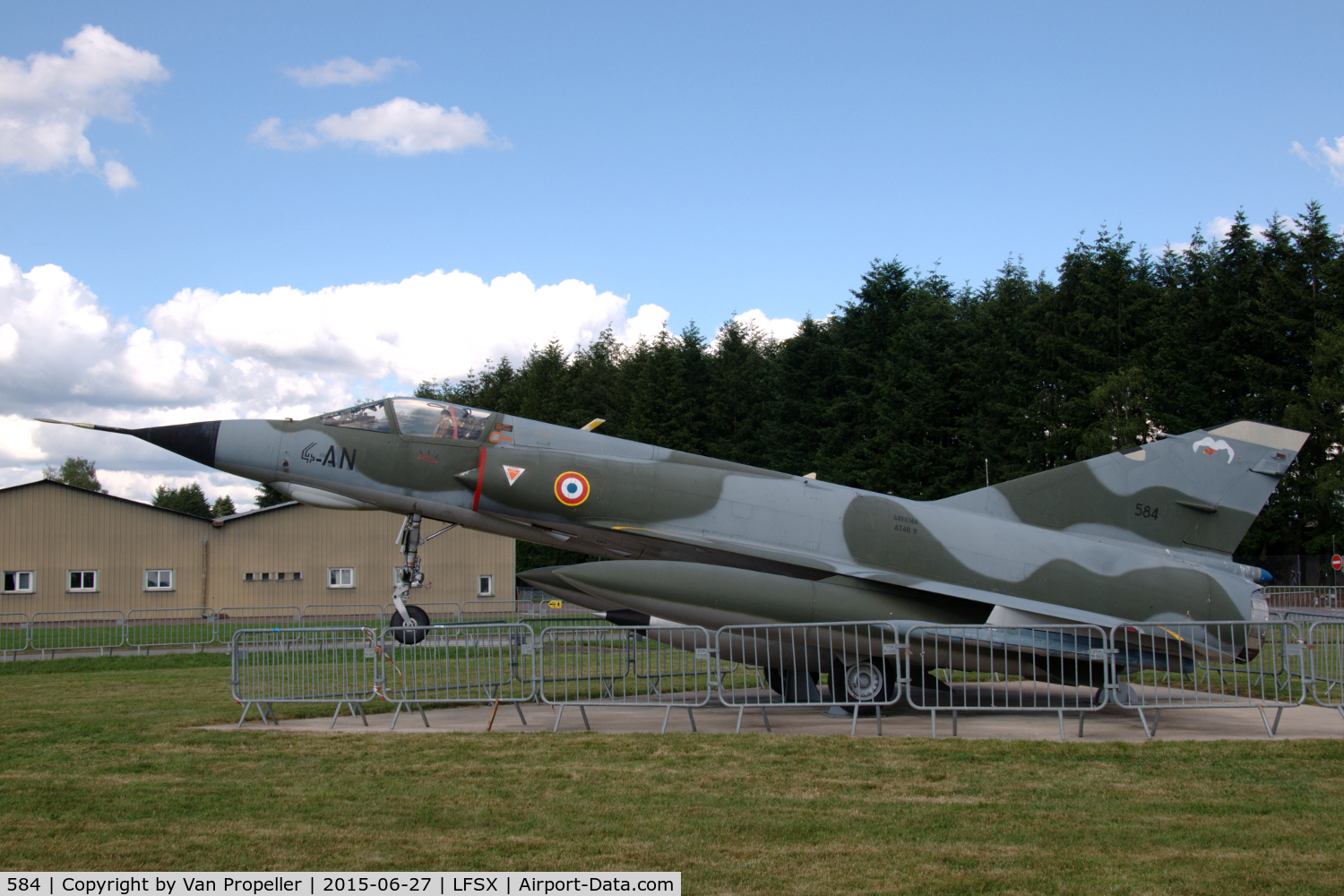 584, Dassault Mirage IIIE C/N 584, Dassault Mirage IIIE preserved nose-up at Luxeuil Air Base, France