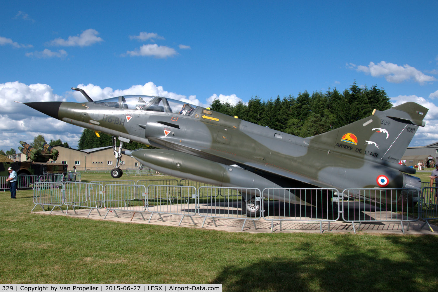 329, 1988 Dassault Mirage 2000N C/N 243, Dassault Mirage 2000N of the French Air Force preserved nose-up at Luxeuil Air Base.