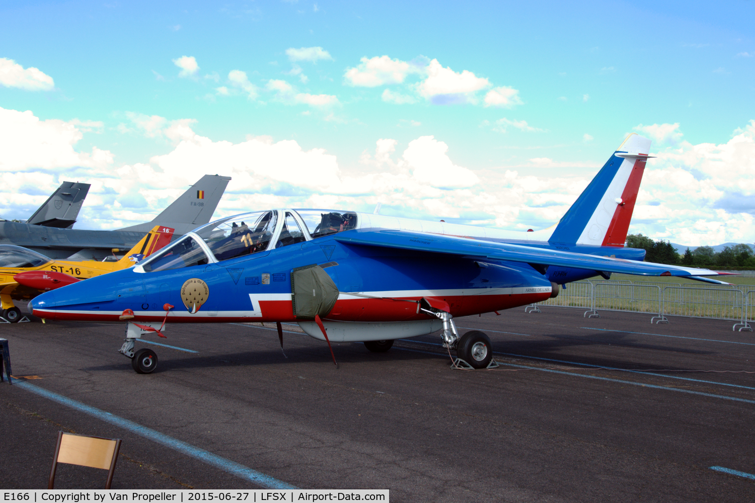 E166, Dassault-Dornier Alpha Jet E C/N E166, Alpha Jet E in Patrouille de France colours, but without tail number. Luxeuil Air Base, 2015
