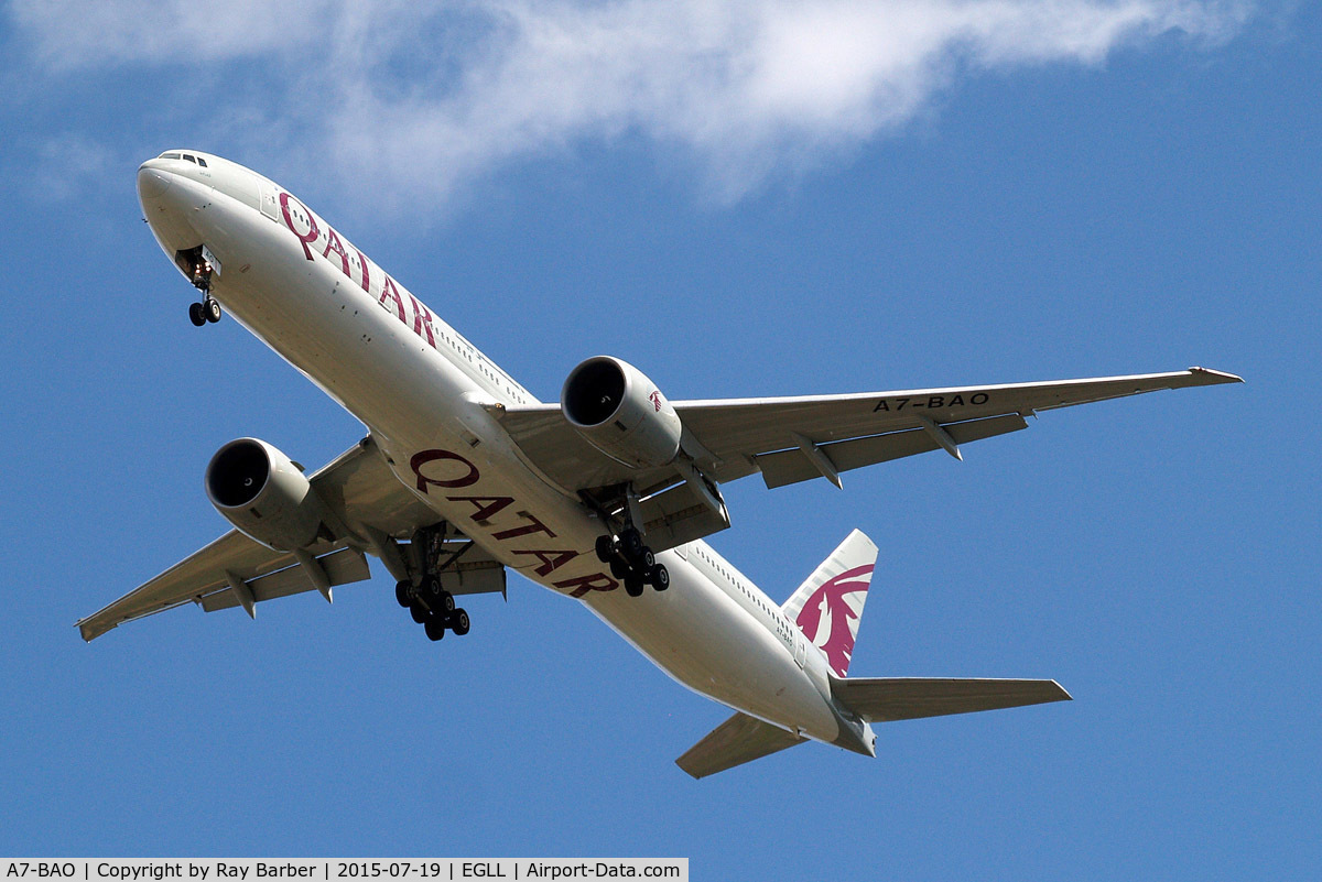 A7-BAO, 2008 Boeing 777-3DZ/ER C/N 36011, Boeing 777-3DZER [36011] (Qatar Airways) Home~G 19/07/2015. On approach 27R.