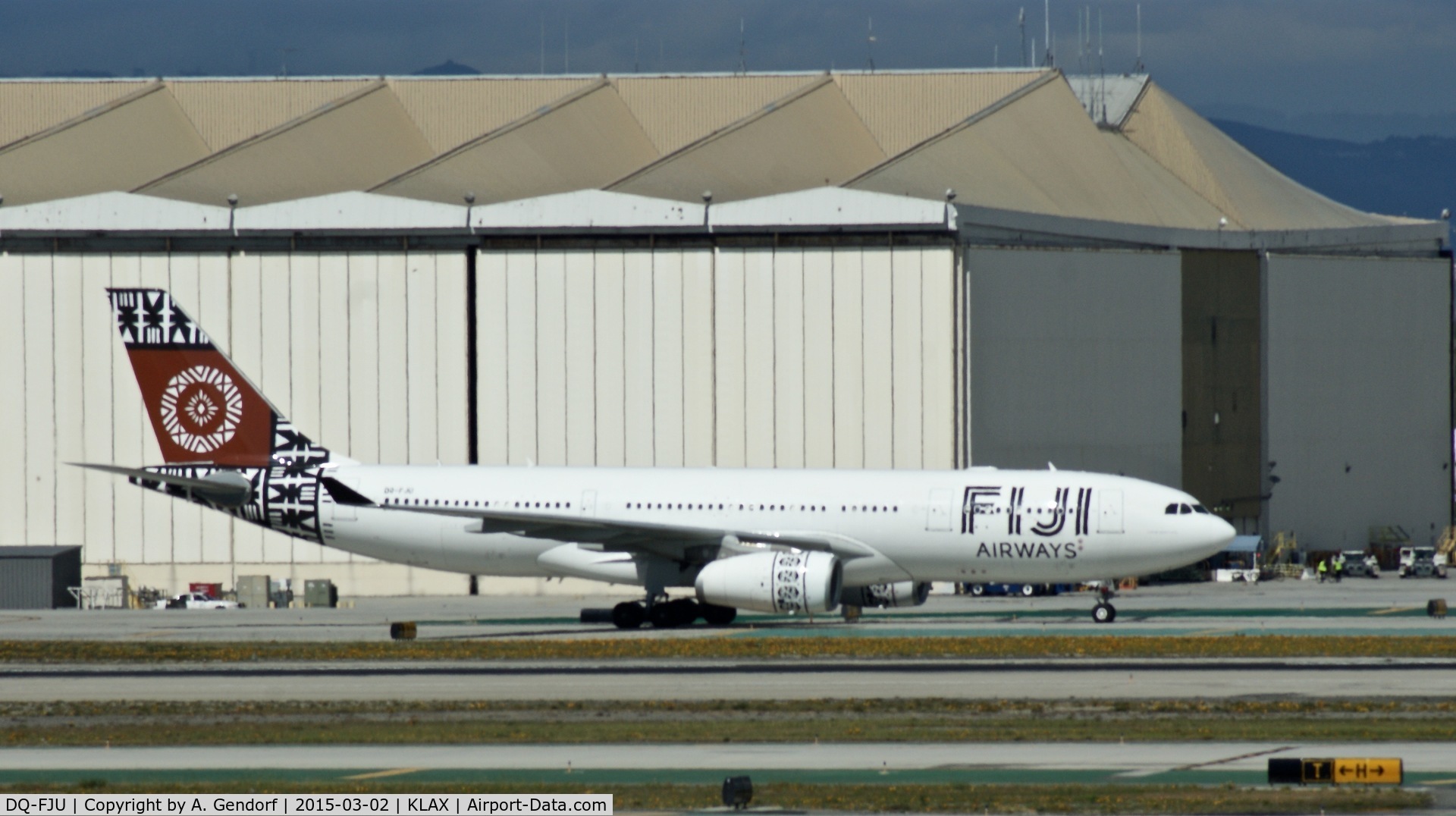 DQ-FJU, 2013 Airbus A330-243 C/N 1416, Fiji Airways, is here taxiing to the gate at Los Angeles Int'l(KLAX)