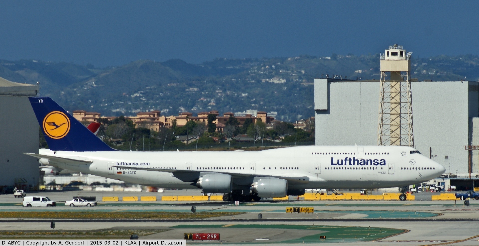 D-ABYC, 2012 Boeing 747-830 C/N 37828, Lufthansa, is here taxiing to the gate at Los Angeles Int'l(KLAX)