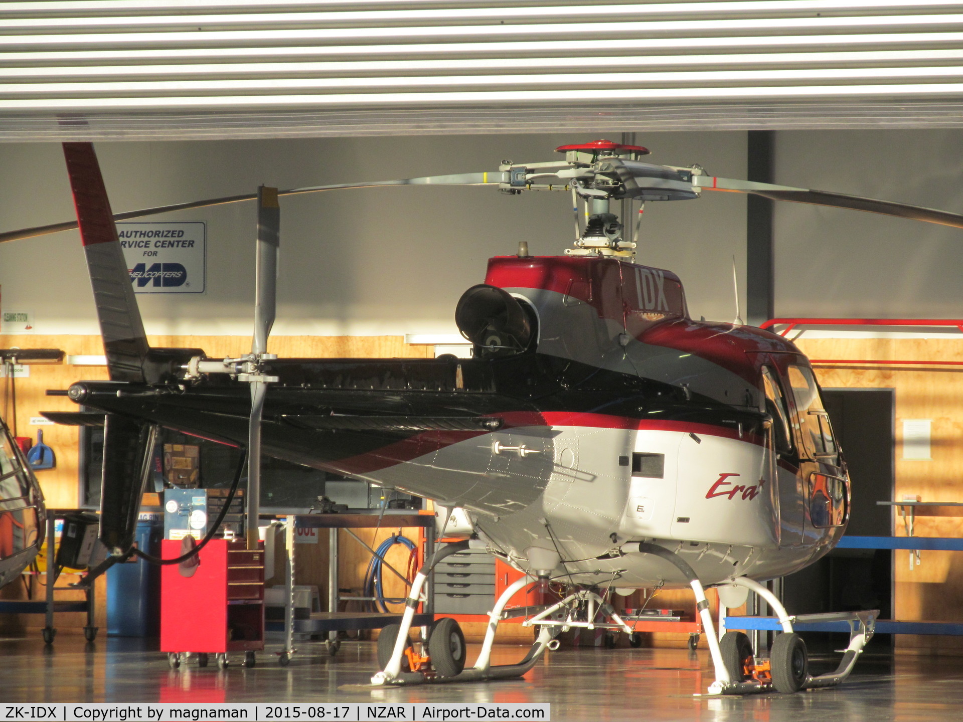 ZK-IDX, 1995 Aerospatiale AS-350B-2 Ecureuil C/N 2856, One of four ex Era helicopters imported by Oceania aviation. ZK-HFH already processed and two still wearing N reg just un-crated. IDX seen here inside hangar still in smart US colour scheme.