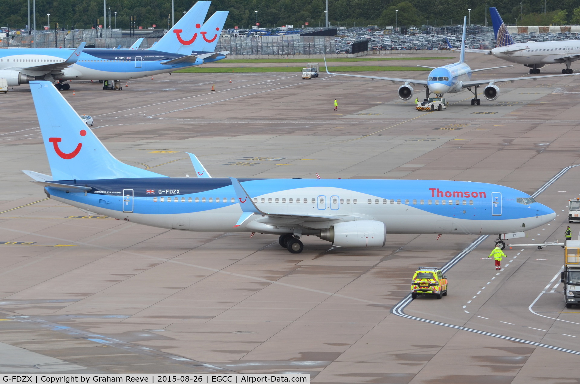 G-FDZX, 2011 Boeing 737-8K5 C/N 37258, Being pushed back at Manchester.