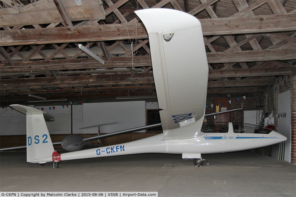 G-CKFN, 2003 DG Flugzeugbau DG-1000S C/N 10-29S28, Rolladen-Schneider LS-8-18 seen hangared at Sutton Bank Airfield, N Yorks, August 9th 2015.