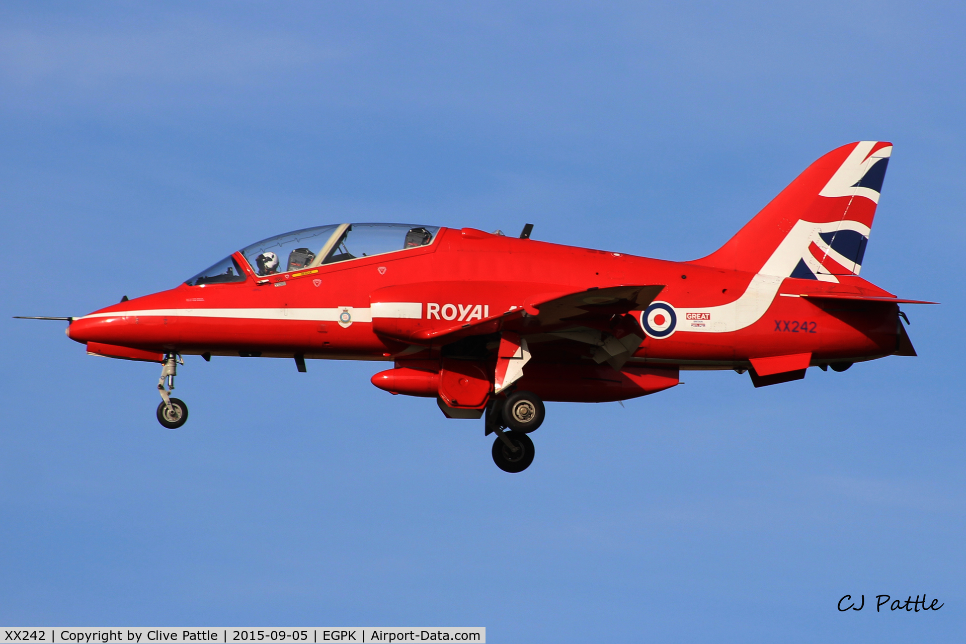 XX242, 1978 Hawker Siddeley Hawk T.1 C/N 078/312078, Flt Lt Stew Campbell 'Red 4' landing back at Prestwick EGPK after displaying with the Red Arrows at the Scottish Airshow 2015 held at Ayr seafront and Prestwick Airport EGPK and at Portrush, Northern Ireland on the same day.