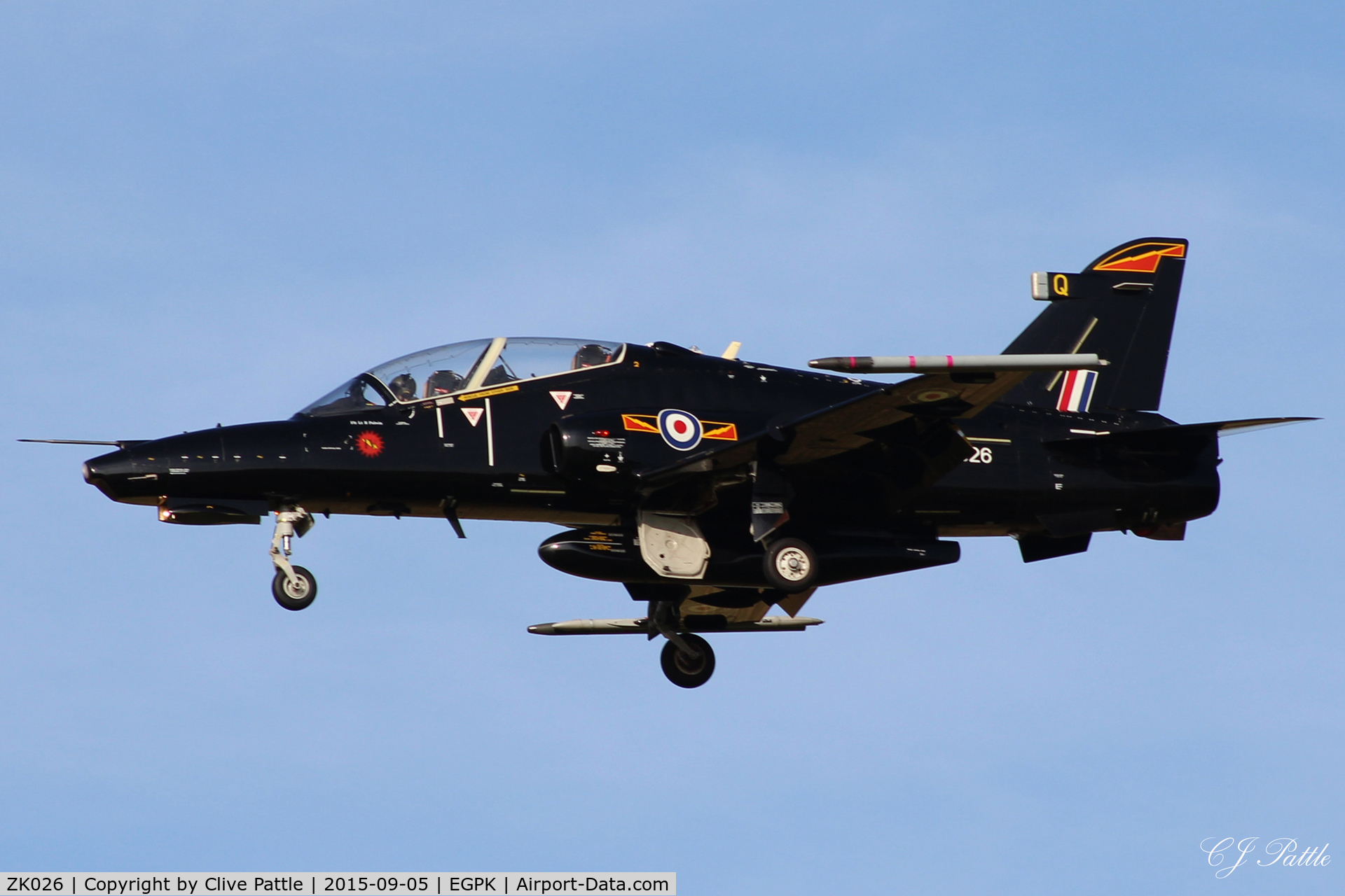 ZK026, 2009 British Aerospace Hawk T2 C/N RT017/1255, Landing back at Prestwick EGPK after displaying with the RAF Hawk T.2 Role Demo duo at the Scottish Airshow 2015 held at Ayr seafront and Prestwick Airport EGPK and at Portrush, Northern Ireland on the same day.