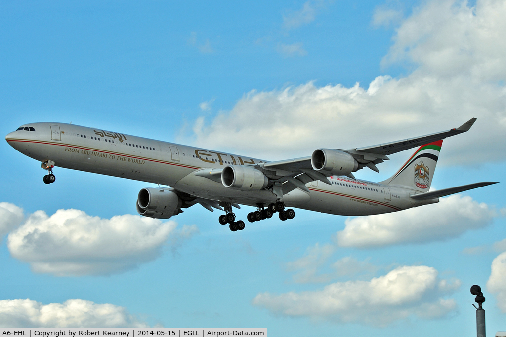 A6-EHL, 2009 Airbus A340-642X C/N 1040, On short finals at LHR
