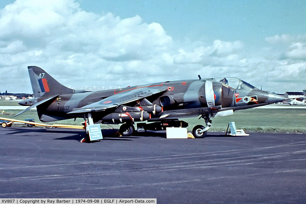 XV807, 1971 Hawker Siddeley Harrier GR.3 C/N 712057, BAe Harrier GR.1 [712057] (Royal Air Force) Farnborough~G 08/09/1974. From a slide. Later upgraded to a GR.3.