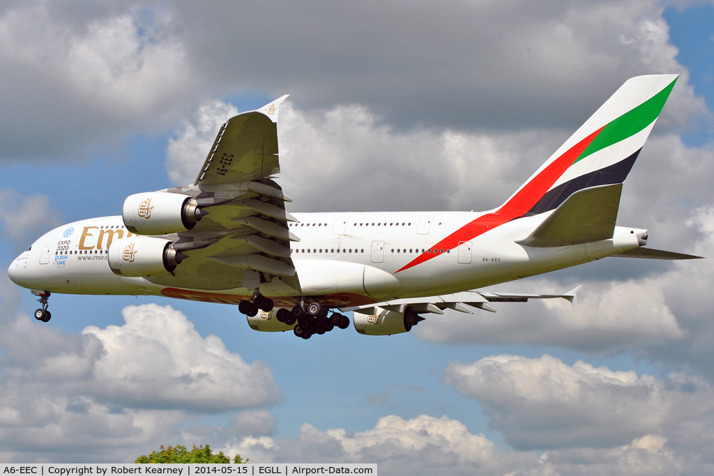 A6-EEC, 2012 Airbus A380-861 C/N 110, On short finals at LHR