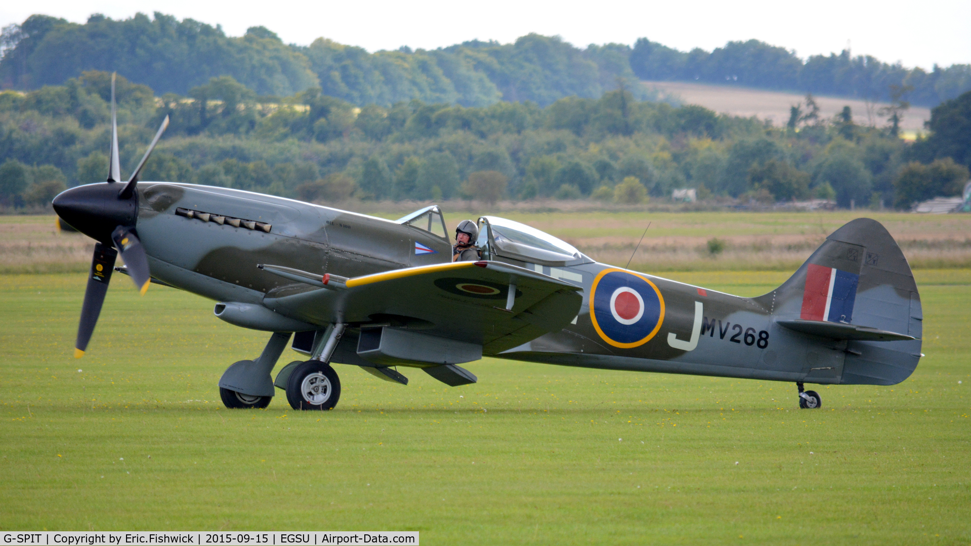 G-SPIT, 1944 Supermarine 379 Spitfire FR.XIV C/N 6S/649205, 3. MV268 arrives, following the Battle of Britain 75th Anniversary fly past at Goodwood, 15th Sep. 2015.