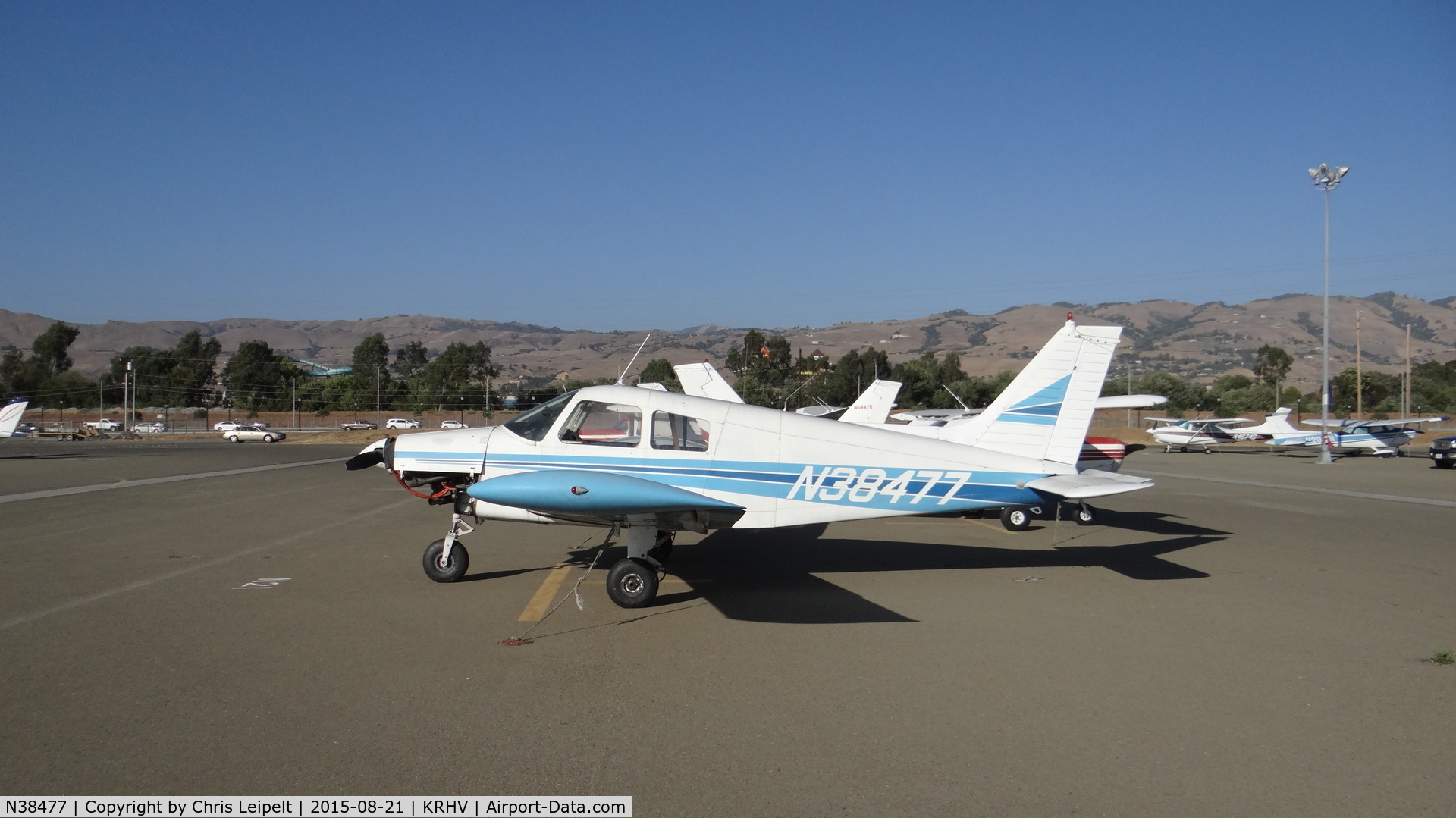 N38477, 1977 Piper PA-28-140 Cherokee C/N 28-7725282, Locally-based 1977 PA-28-140 sitting at the south tie downs at Reid Hillview Airport, San Jose, CA while the Nice Air ramp gets resurfaced. This is the busiest you will ever see the south tie downs since (as upload date) there are only 11 a/c there.