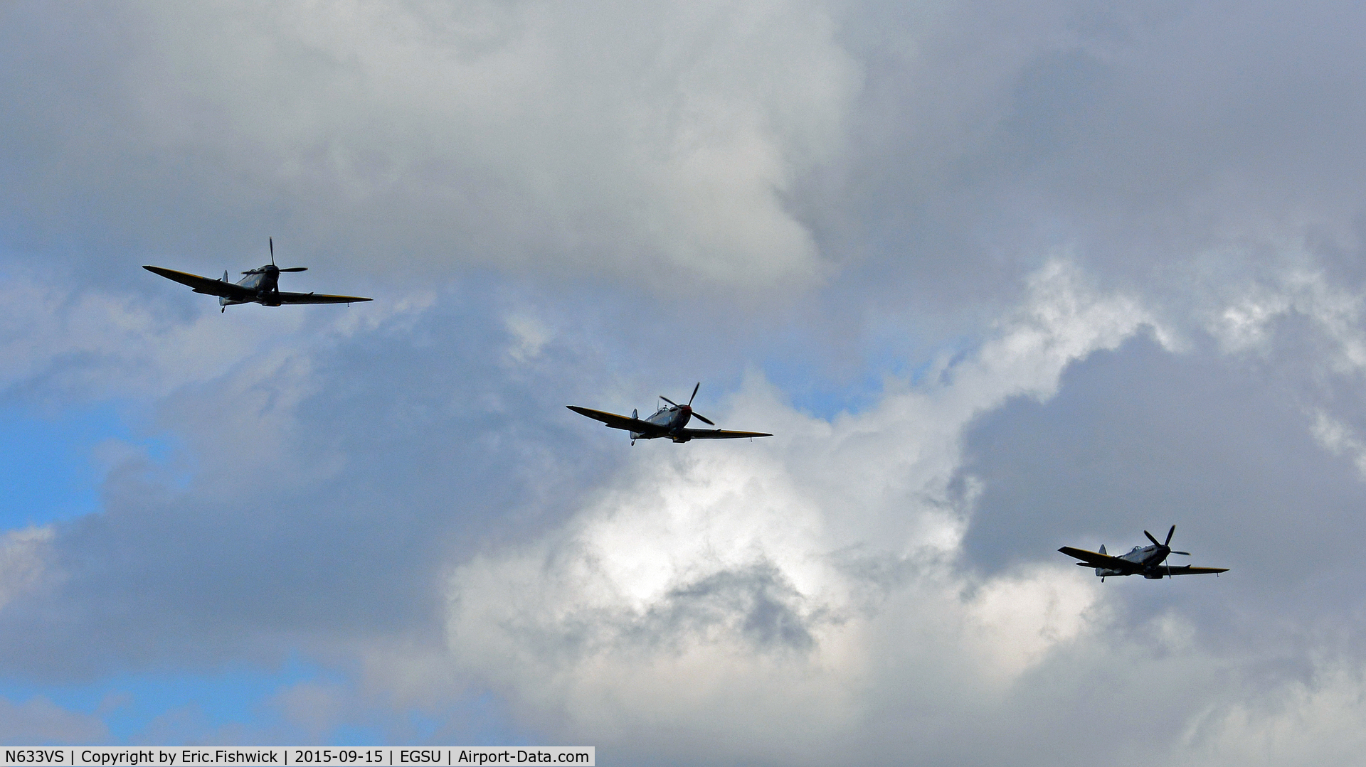 N633VS, 1945 Supermarine 361 Spitfire LF.IXe C/N CBAF.IX.571, 45. 'Blue Section' arriving at Duxford, following the Battle of Britain 75th Anniversary fly past at Goodwood, 15th Sep. 2015.