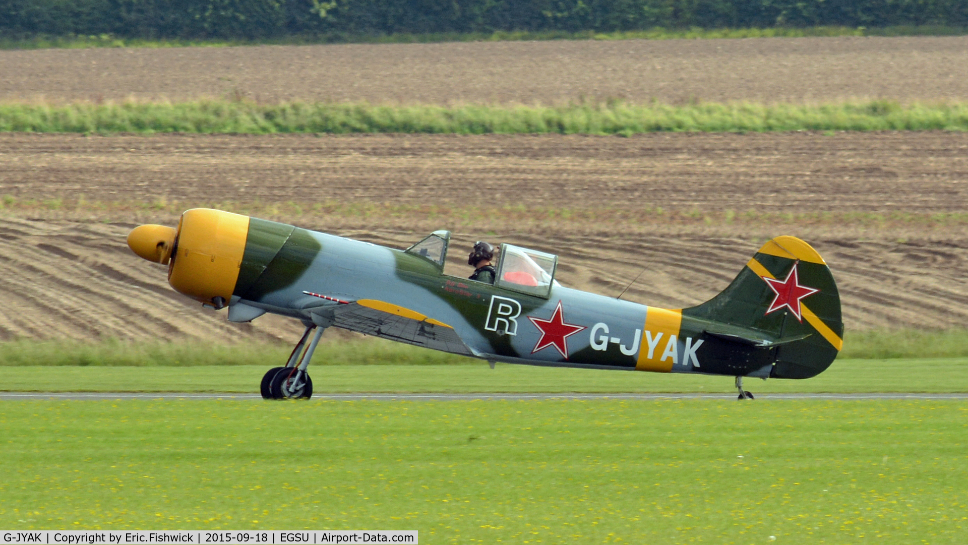 G-JYAK, 1985 Yakovlev Yak-50 C/N 853001, 1. G-JYAK arriving on the eve of The Battle of Britain (75th.) Anniversary Air Show, Sept. 2015.