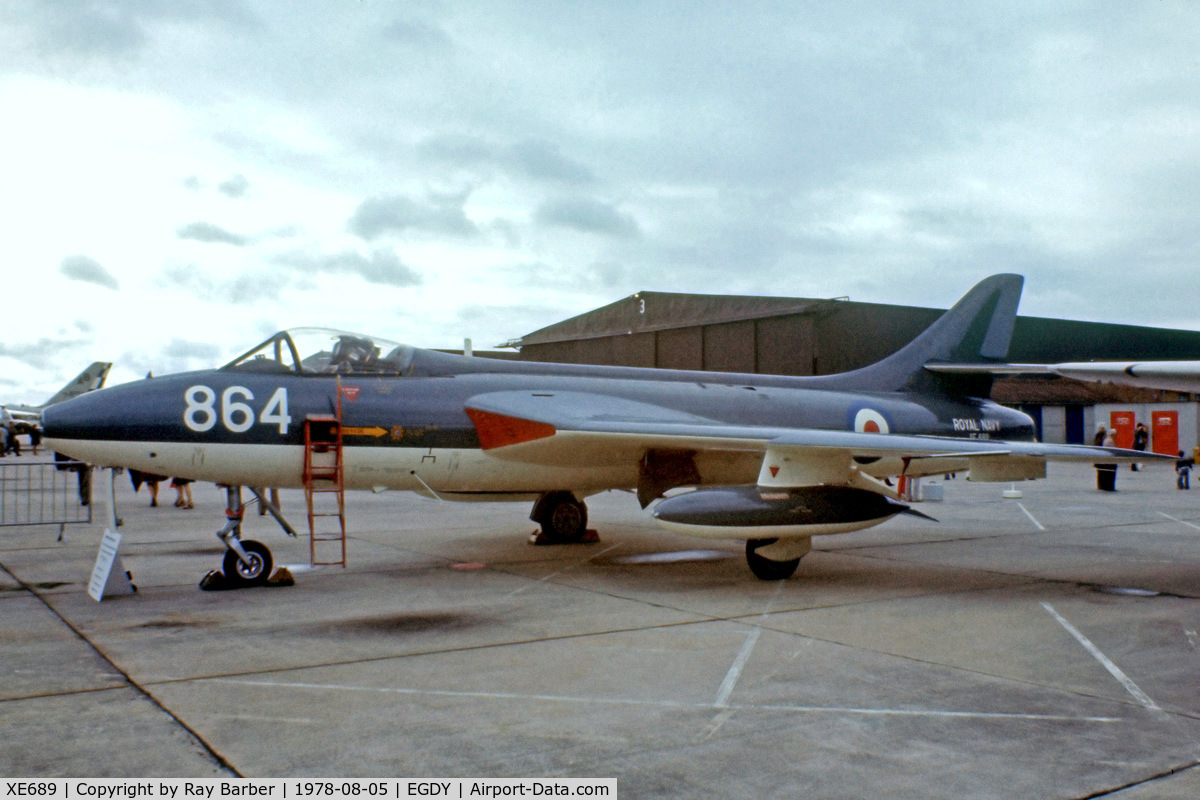 XE689, 1955 Hawker Hunter GA.11 C/N HABL-003032, Hawker Hunter GA.11 [HABL003032] (Royal Navy) RNAS Yeovilton~G 05/08/1978. From a slide>