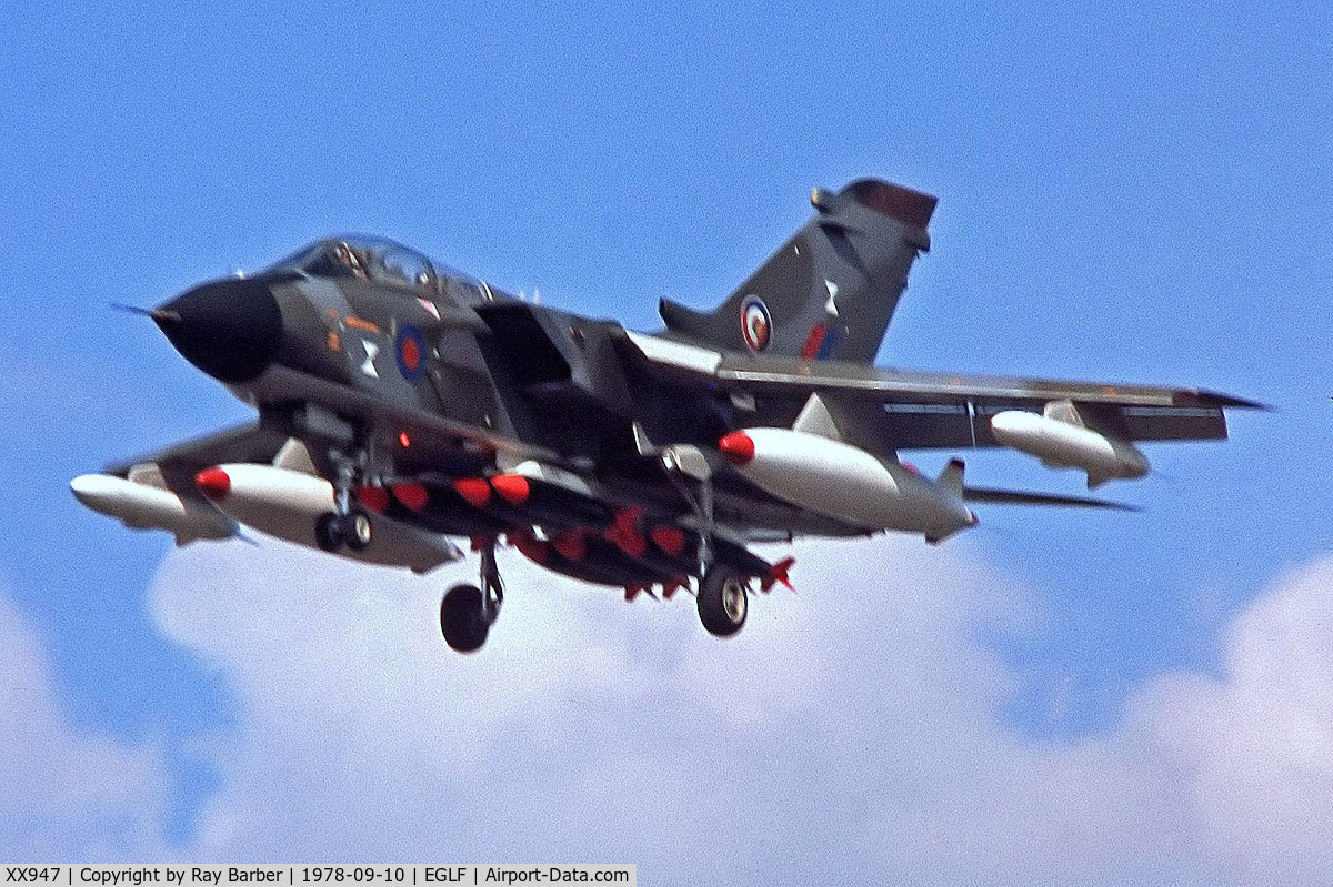 XX947, 1975 Panavia Tornado GR.1 C/N P.03, BAe/Panavia Tornado IDS [P.03] (Royal Air Force) Farnborough~G 10/09/1978. From a slide.