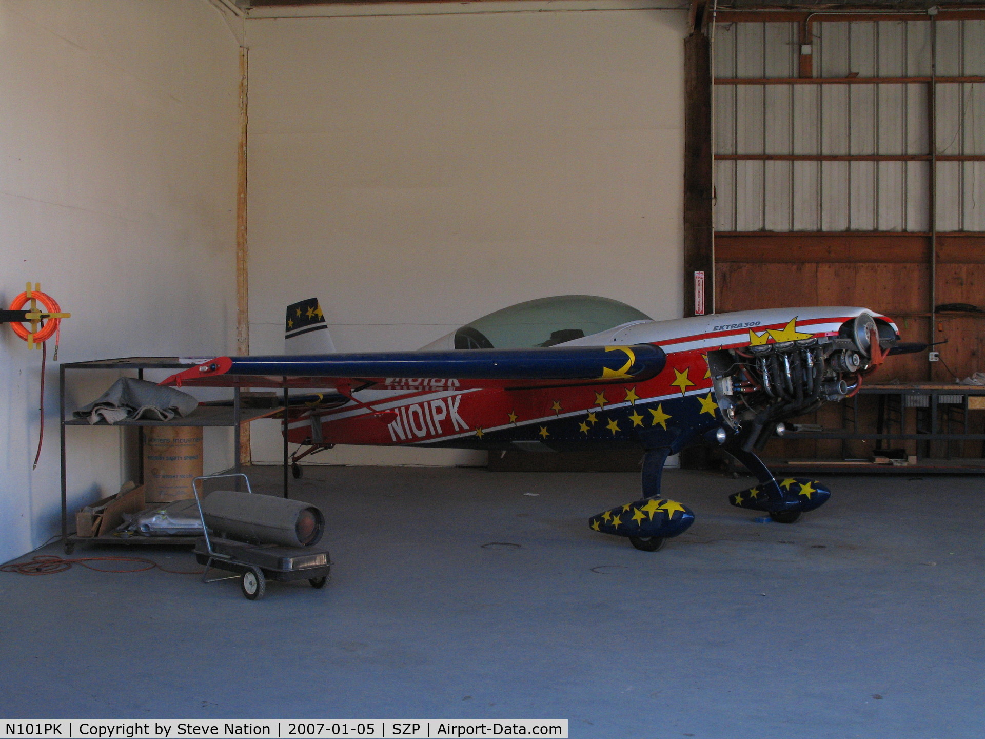 N101PK, 1994 Extra EA-300 C/N 051, Locally-Based 1994 Extra EA-300 in hangar minus prop @ Santa Paula Airport, CA (sold to new owner later in 2007 and destroyed 19 April 2009 while performing aerobatic maneuvers ~ 2 miles off El Capitan State Beach, Santa Barbara, CA. 1 fatality.