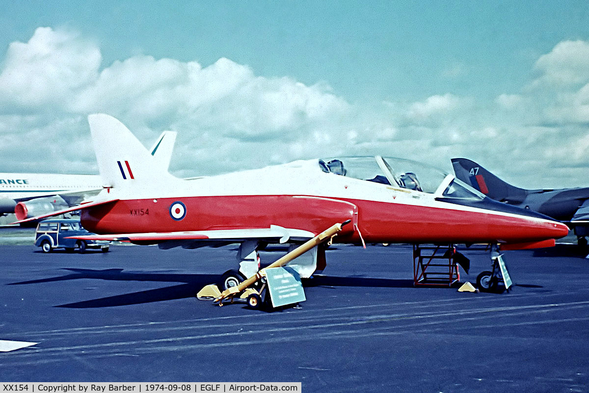 XX154, 1974 Hawker Siddeley Hawk T.1 C/N 001/312001, BAe Hawk T.1 [312001] (Royal Air Force) Farnborough~G 08/09/1974. From a slide.
