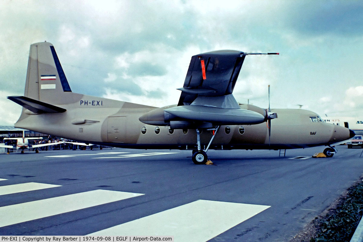 PH-EXI, 1974 Fokker F-27-400M Friendship C/N 10502, Fokker F.27-400M Friendship [10502] (Fokker) Farnborough~G 08/09/1974. From a slide to become 5-8817 of the Iranian Air Force.