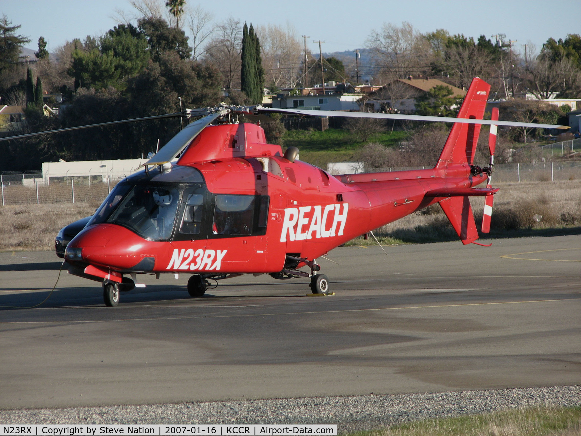N23RX, Agusta A-109A Hirundo C/N 7205, 1994 Augusta A-109 with REACH (Air Medical Services) on alert @ Buchanan Field, Concord, CA